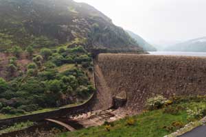 The dam wall of Caban Goch, one of the Elan Valley reservoirs.
