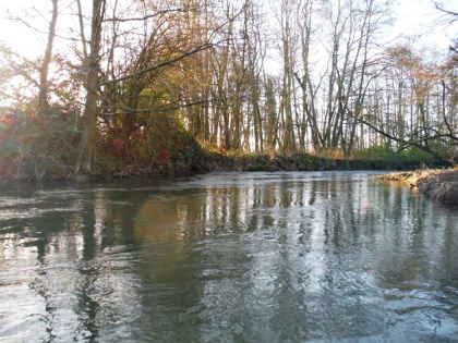 High water conditions on the Lugg in winter. The river usually carries a greyish tinge, even when in low.