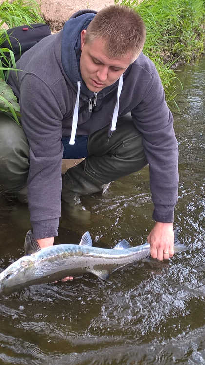 Philip Haubrock from Germany with his first ever salmon (11lbs) caught from Wyesham on his first morning's salmon fishing!