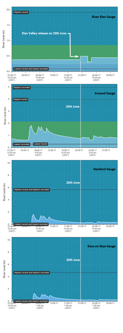 This set of hydrographs give a rare the opportunity to see the effect of an Elan reservoir discharge on the Wye. The release on the 20 June took half a day to reach Erwood, a day and a half to reach Hereford and two days to get to Ross. The lower graph shows that the release rose the river at Ross by approximately the same proportion as at Erwood on the upper river.