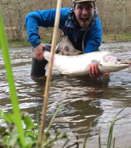 Nick Gibbon and his 16lb salmon from Gromain's Leaning Willow pool on the 15th April