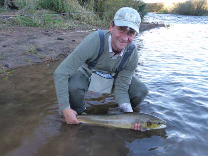 Jem Fawcus with a 31inch salmon he caught on a Stoats Tail from the Upper Llangybi beat of the Usk in September.
                 He won the day at last year's WUF fundraising auction.