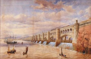 The engineer Thomas Fulljames's 1849 impression of a barrage at the location of the first Severn Bridge